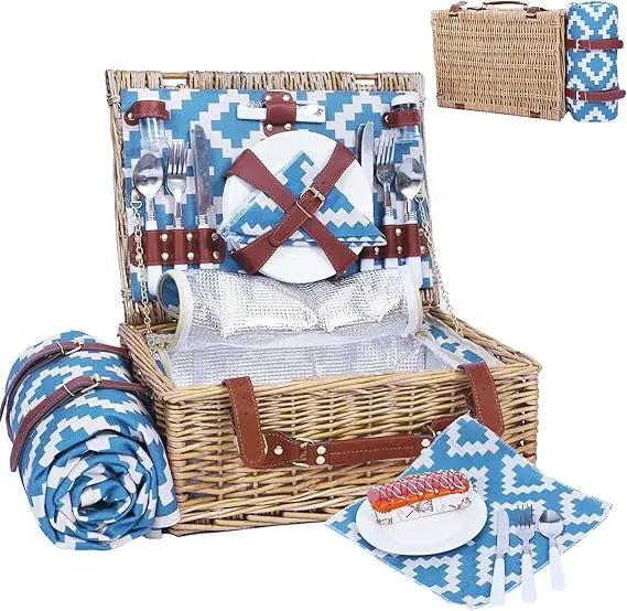 Wicker Picnic Basket for 4 with Insulated Cooler & Waterproof Blanket – Large Willow Picnic Hamper for Outdoor, Camping, Beach,