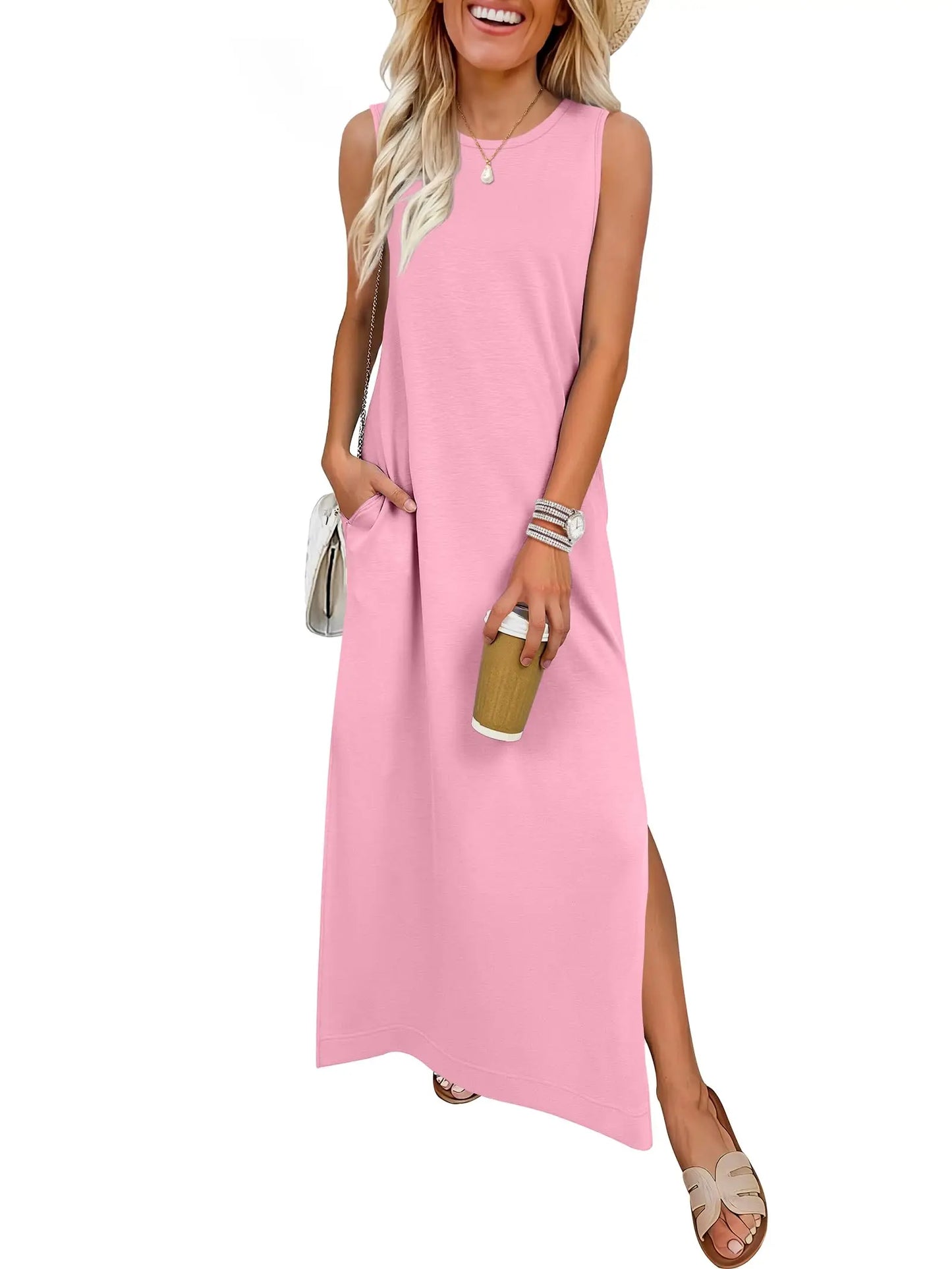 Women Summer Sleeveless Maxi Sundress With Pockets Casual Beach Vacation Dress