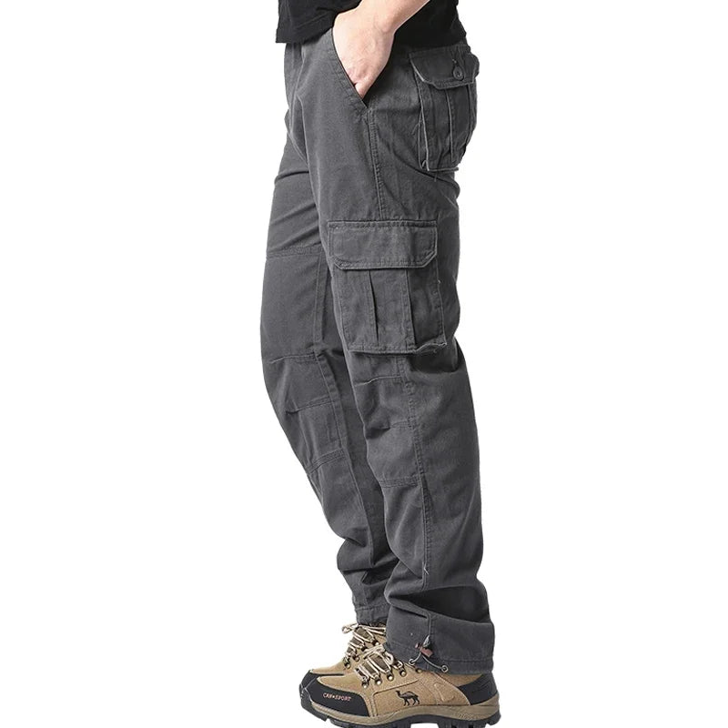 Large Pocket Loose Overalls Men's Outdoor Sports Jogging Tactical Pants Elastic Waist Pure Cotton Casual Work Pants 2026